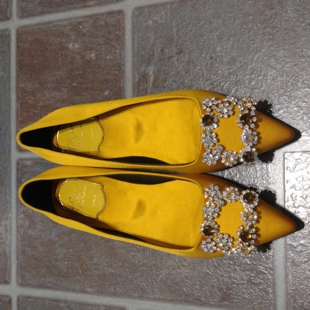 Roger Vivier Flower Strass Crystal embellishment Satin Ginger yellow flat Size35 - Picture 14 of 14